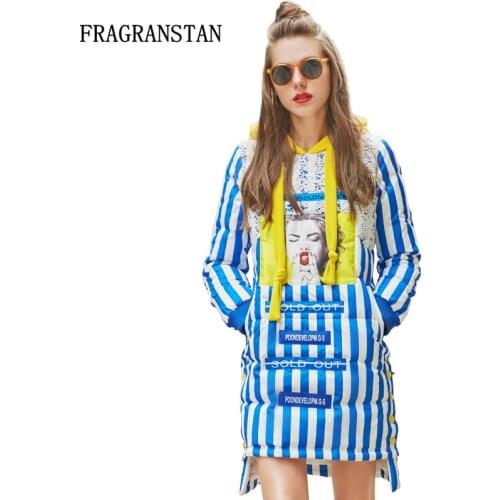 Ladies Winter Fashion Blue White Stripe White Duck Down Jacket Cartoon print Hooded Lace Fabric Stitching Long Women Parkas Y153