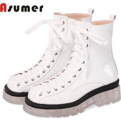 Asumer 2020 new arrive genuine leather ankle boots women cross tied transparent square heel fashion shoes ladies boots black