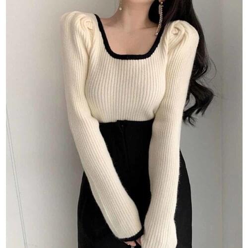 Women Sweater Puff Long Sleeve Knitted Tops 2021 Autumn Winter Korean Contrast Color O-neck Pullover Knitwear