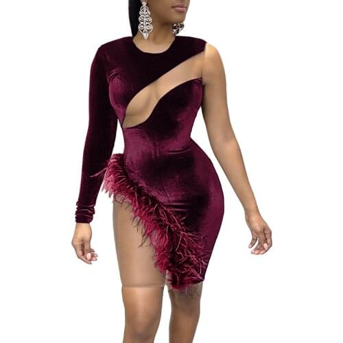 Women Velvet Elegant Dress, Sexy High-Waist Skirt Long Sleeve See-Through Mesh Dinner Photo Dance Tassels Wrapped Dresses