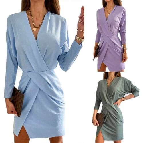Long Sleeve Pencil Dresses Womens Clothing 2021 Robe Femme Irregular V-Neck Autumn Mini Dress For Woman Green Vestido De Mujer