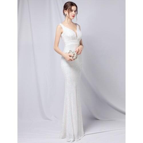 2021 New Sexy V Neck Sequin Evening Dress Women Party Bodycon Maxi Dress White Wedding Long Prom Dress