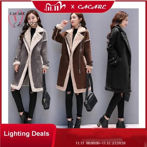 CACARE Warm Fashion Long Coat Jackets Women 2018 Autumn Winter Coat Jaket F0102 Suede Lamb Fleece 2 Choices with Pockets