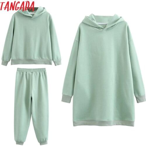 Tangada 2020 Winter Family Set Kids Costume Oversized Top Pocekt Women 100% Cotton Fleece Hoodies Sweatshirt Dress 6L50