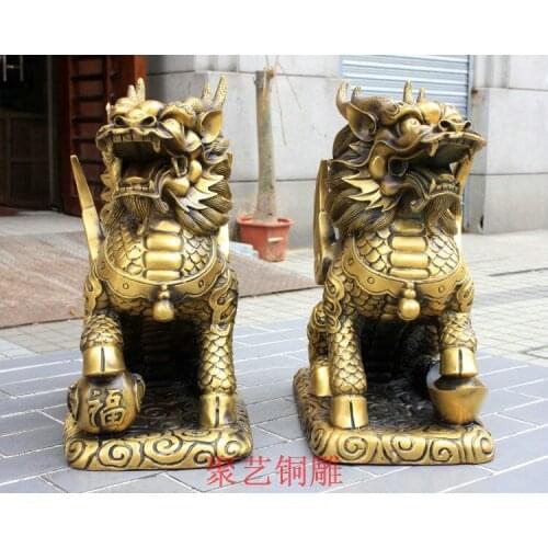 15" China Fengshui Door Guardian Flying Dragon Beast Bronze Statue