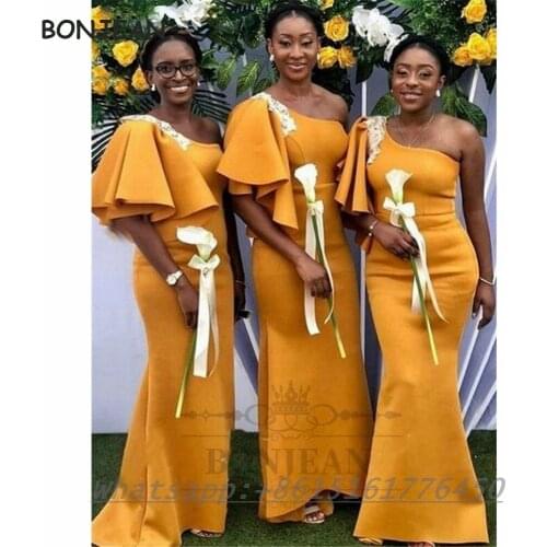 2021 Yellow South African Bridesmaid Dresses Mermaid One Shoulder Floor Length Black Girls Bridesmaid Dress Party Dress