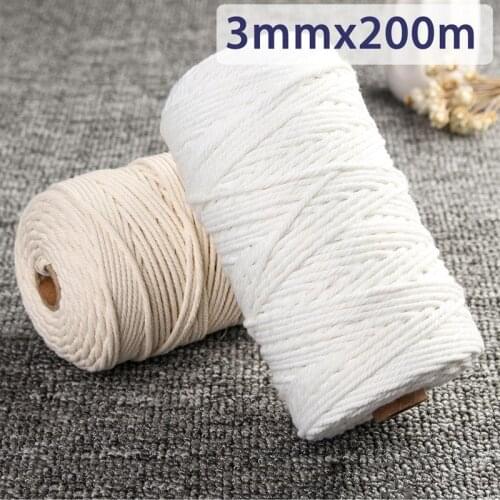 3mmx200m Natural Beige White Cotton Twisted Cord Rope Craft Macrame String Handmade Decorative Accessories