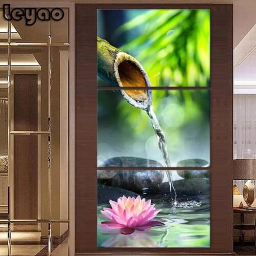 3 Panels Green Marble Bead Diamond Painting Buddhist Zen Art Ornament Flower Picture Retro Home Decor 5d Diamond embroidery