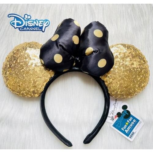 Disney Mickey Ears Minnie Headbands Gold Sequins Star Plush Padding Bow Headwear Cosplay Kid Cotton Disneyland Original Headband