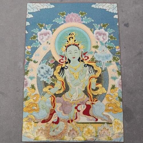 Home Decor 35" Thangka embroidery Tibetan Buddhism silk embroidery brocade Nepal White Tara Buddha Statue