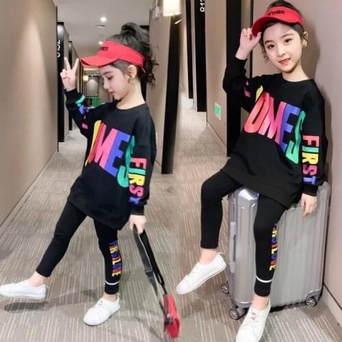 2021 New Spring Autumn Colored Letters Children Clothes Girls T-Shirts + Leggings Pants 2Pcs/set Teen Cotton Hoodies Sweatshirts