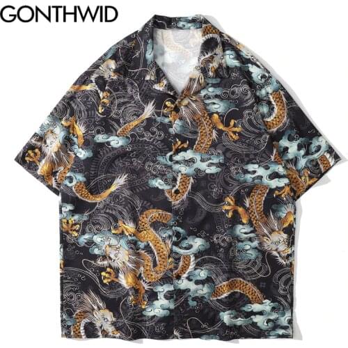 GONTHWID Hawaiian Shirts Harajuku Chinese Dragon Beach Shirt Streetwear Hip Hop Casual Holiday Tropical Short Sleeve Button Tops