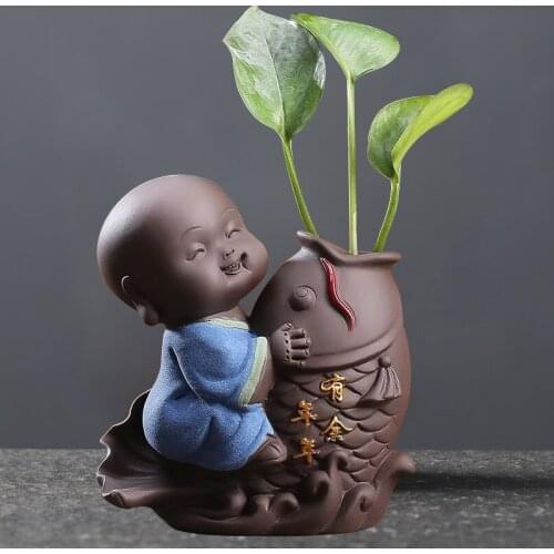 Ceramic Tea Pet Ornaments Small Buddha Statue Monk Figurine Desktop Flower Pot Hydroponic Plant Decoration Tea Accessories