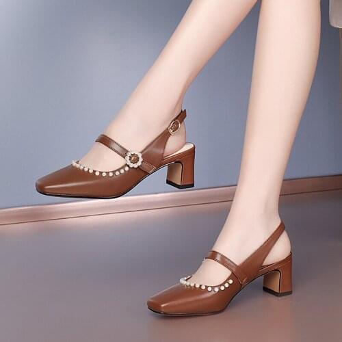 SKLFGXZY Summer New Product Women Pearl Sandal Fashion Genuine Leather Womens Shoes Cowhide High-heeled Sandals