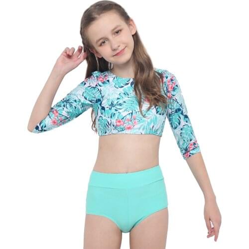 2Pcs Kids Girls Summer Floral Print Sport Suit Set Long Sleeve Open Upper Back Crop Top Boyshorts Set Running Gym Yoga Sportwear