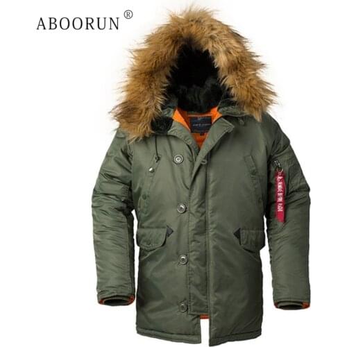 ABOORUN Mens Bomber Jackets with Fur Collar Military Thick Warm Hooded Coat Mens Casual Long Parkas x1557