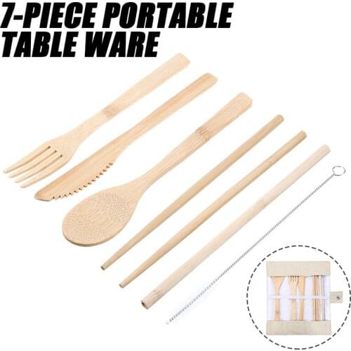7pcs/set Bamboo Cutlery Set Protable Bamboo Fork Knife Spoon Chopsticks Utensils Flatware For Outdoor Travel Picnic Lightweight