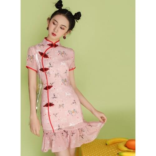 Summer Retro Cheongsam Young Girls Art New Chinese Style Dress Improved Fashion Short