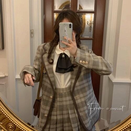 New Spring 3 Piece Long sleeves Solid suit Women Long sleeves Vintage Plaid Blouse Plaid Skirt