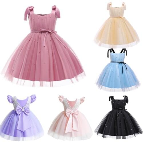 Pearl Princess Dress Up For Girls Bow Belt Sleeveless Ball Gown For Children Tulle Tutu Dress For 1-5 Kids Wedding Party Costume