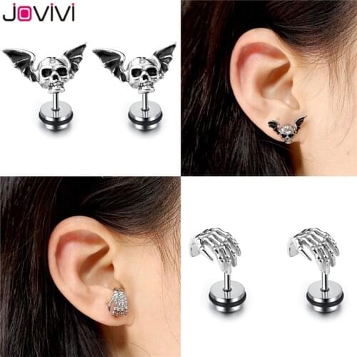 Jovivi Stud Earrings Skull Ghost Head Skeleton Claw Bat Earring Flat Back Screw On Cool Ear Lobe Studs Cartilage Helix Piercing