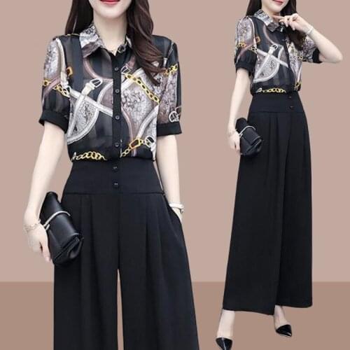 Chiffon Wide Leg Pants Suit Womens Summer Dress 2021 New Temperament Goddess Western Style Fashion Two-piece Woman