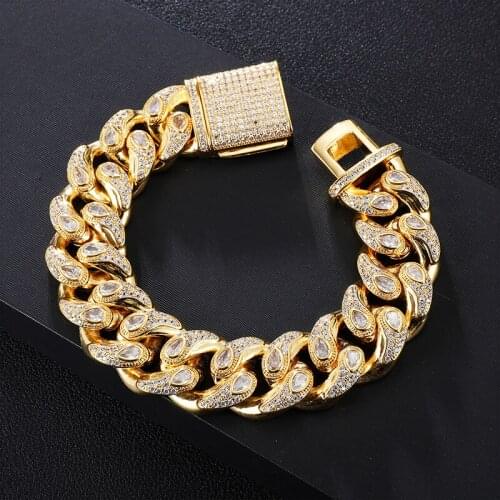 Hip Hop Jewelry 19MM Iced Cashew Flower Drop Shape Box Buckle Cuban Chain Copper AAA+ Cubic Zirconia Stones Bracelet For Men