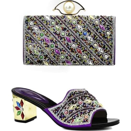 African Party Shoes and Bag Set for Women Purple Color Italian Shoes and Bags To Match Shoes with Bag Set Decorated with Stone
