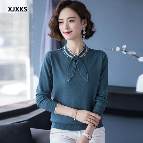 XJXKS 2021 spring autumn new fashion beaded women sweater high quality wool knitted sweater women pullover