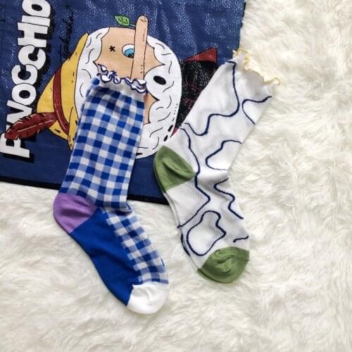 Japanese Literature Maiden Frilly Socks Plaid Clouds Clashing Colors Cute Socks Cotton Breathable Cozy Women Socks Preppy Style