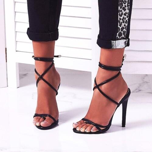 Women Sandals Candy Color Point Toe Lace Ankle Strap Party High Heels Pumps 11.5cm High Thin Heel Sandals Lady 2021 Summer