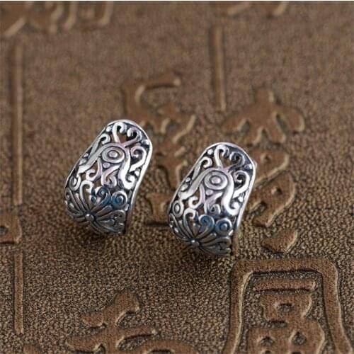 BESTLYBUY 100% Genuine 925 Sterling Silver Hollow Clip Earrings for Women Party Gifts Retro Elegant Silver Jewelry Brincos