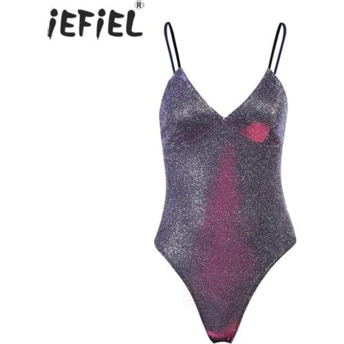 Women Female Summer Lingerie Teddy Shiny Spaghetti Strap Bodysuit High-cut Backless Leotard Jumpsuit Swimwear Costumes Clubwear
