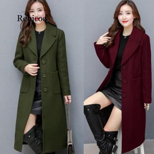 New Autumn Winter Women Coat Plus Size Fashion Turn-Down Collar Pockets Solid Long Woolen Blends Coat For Women Large Outerwear