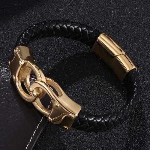 Golden Handcuffs Accessories Black / Brown Genuine Leather Braided Bracelet Men Fashion Bangles Jewelry Friend Gifts