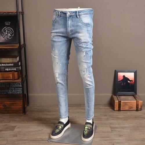 Brand Fashion Mens Hole Ripped Stretch Jeans Korean Slim Fit Pencil Pants Printed Vintage Washed Long Trousers High Street Jeans