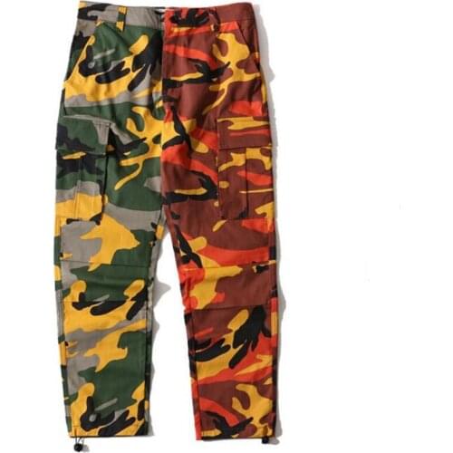 Streetwear Two-Tone Camo Pants Hip Hop Patchwork Camouflage Military Cargo Trouser Casual Multi Pockets Pant