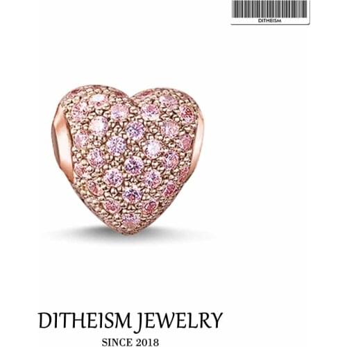 DIY Beads Pink Heart Pave Charm 5mm Hole,2018 Fashion Silver Jewelry Trendy Gift For Women Girl Fit Bracelets Necklace Choker