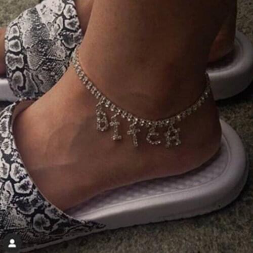 Full Rhinestone Fashion Letter Anklet Woman Angel Nasty Freak Charm Barefoot Chain Shining Body Jewelry Beach Party