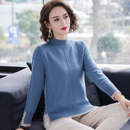 Womens Jumper Spring Autumn Long Sleeve Half Turtleneck Solid Buttons Female Sweaters Split Office Lady Casual Knitted Wear