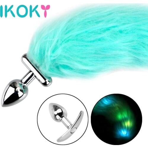 IKOKY Erotic Luminous Blue Fox Tail Butt Plug Sex Toys for Women Adult Games Bright Anal Plug Slave Cosplay Tail