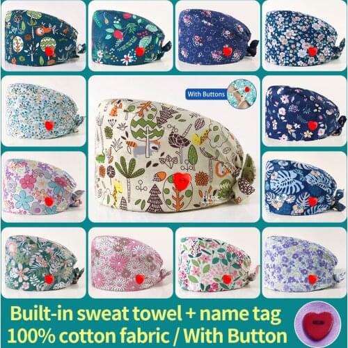 Cotton printing Medical scrub Surgical cap Hospital doctor nurse cap Breathable cotton dentist pet hat vet lab Pharmacy work cap