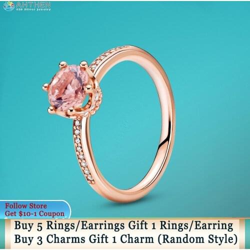 Ahthen 925 Sterling Silver Ring Pink Sparkling Crown Solitaire Ring Original 925 Silver Women Rings Engagement rings Girl Gift