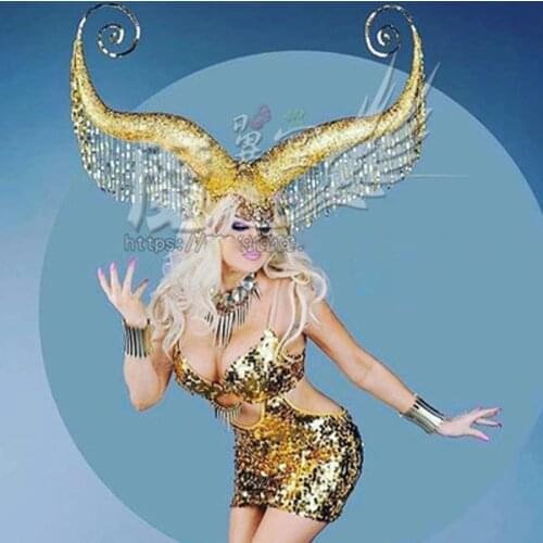 Bar nightclub Golden horn creative headdress headwear stage show gogo Lead dancer prop