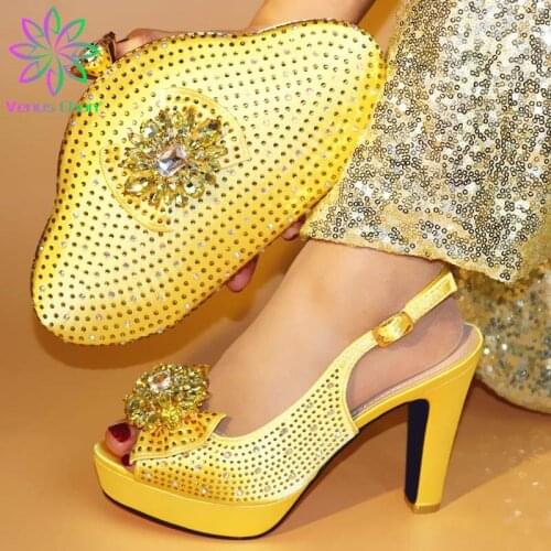 Gold Color Fashion Party Shoes And Clutch Bags To Match Set African Super High Heels Slippers for New Year Party