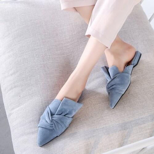 Ladies Mules Summer Women Slippers Flock Bow-knot Flats Fashion Pointed Toe Ladies Office Shoes Slides Woman Slipper Sandals