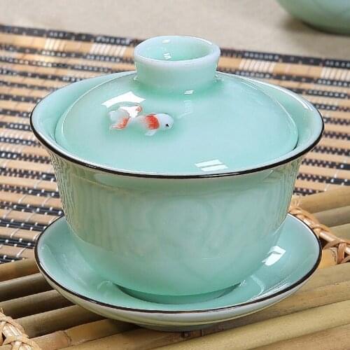 Chinese Celadon fish gai wan tea set,Bone China Tea cup Dehua gaiwan tea porcelain teacup tea set for creative kettle