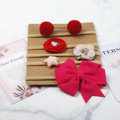 Nishine 5pcs/lot Chiffon Bows Baby Soft Nylon Headbands Flower Cartoon Elastic Girls Newborn Headwear Sets Photography Props