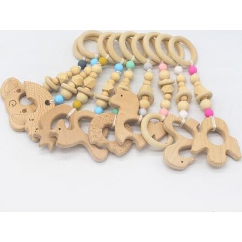 New Arrival Wood Teethers Baby Accessories Personalised Teething Toys Cartoon Teether Chain Silicone Beads Mordedor Bebe