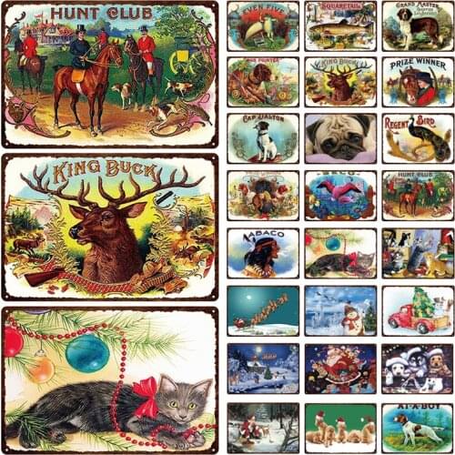 Holiday Celebration Plaque Retro Decor Card With Cute Cats Dogs Wearing Christmas Hats Metal Tin Sign For Hunt Club Room